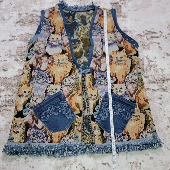 Handmade Cat Tapestry Vest Denim Trim Pockets Cottagecore Boho Upcycled - Picture 6 of 9